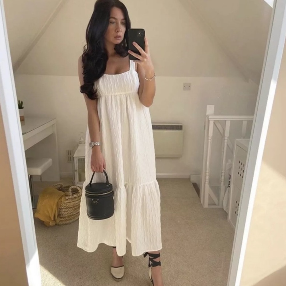 Zara Cream Textured Tiered Midi Dress